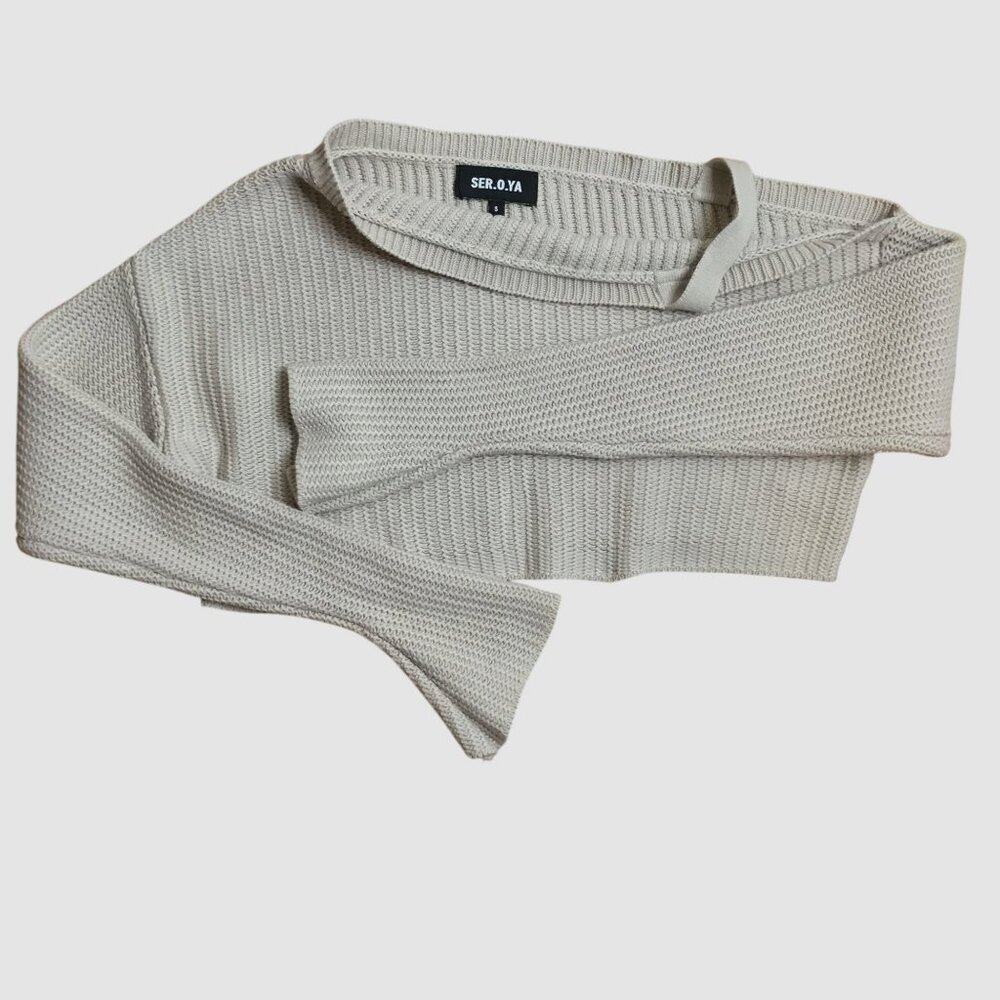 SER.O.YA Agnes One Shoulder Cropped Sweater S Tan Bell Sleeve Sexy Minimal Knit